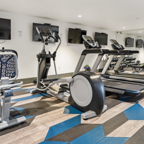 Open and well-lit fitness center The fitness center at The Ivy at Draper 55 and over Apartments in Draper, UT, featuring cardio equipment and free weights.